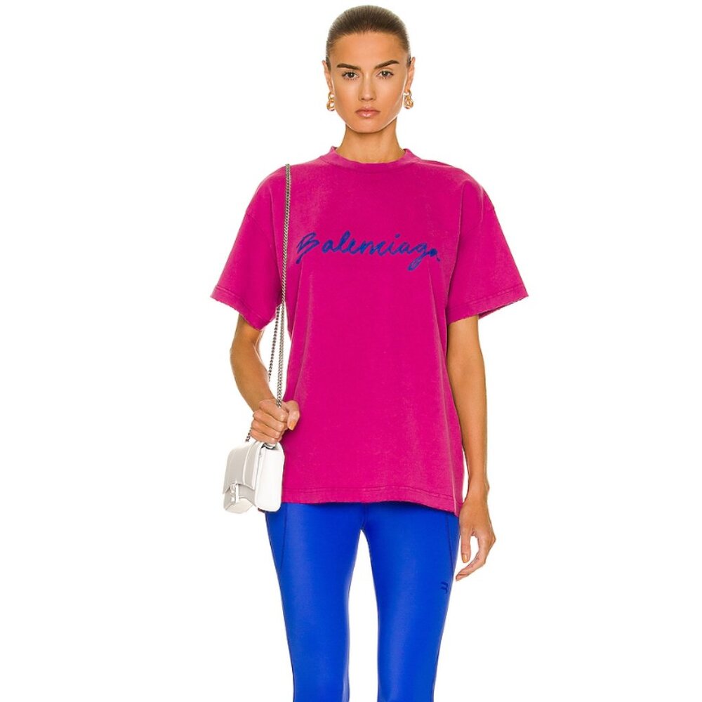 NWT Balenciaga Distressed Oversized Unisex T-Shirt Dark Fuchsia Small Cotton